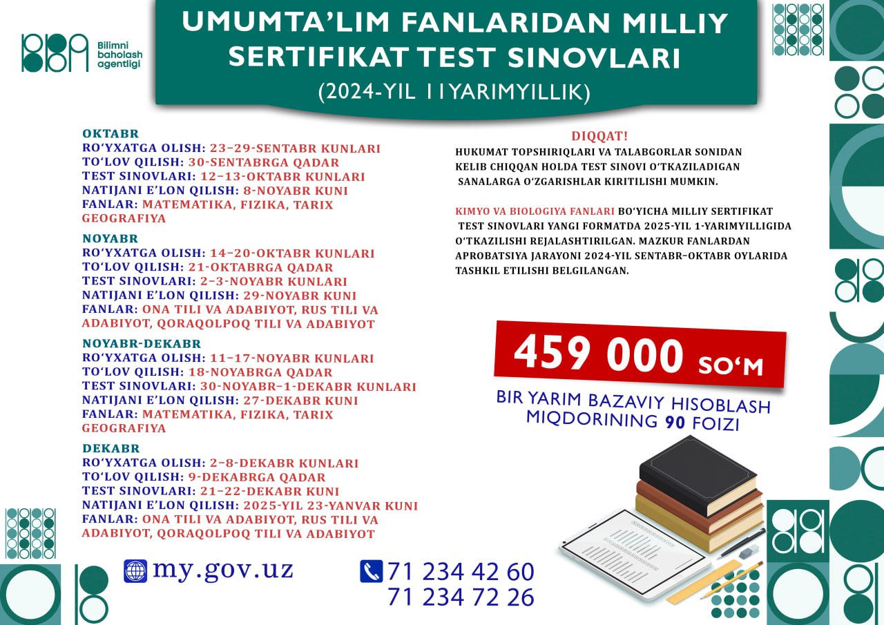 Matematika, fizika, tarix va geografiya fanlari bo‘yicha milliy sertifikat imtihoni uchun talabgorlarni ro‘yxatga olish boshlandi