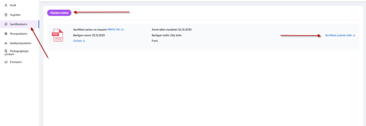 Malaka toifa sertifikatlarini generatsiya qilish boshlandi