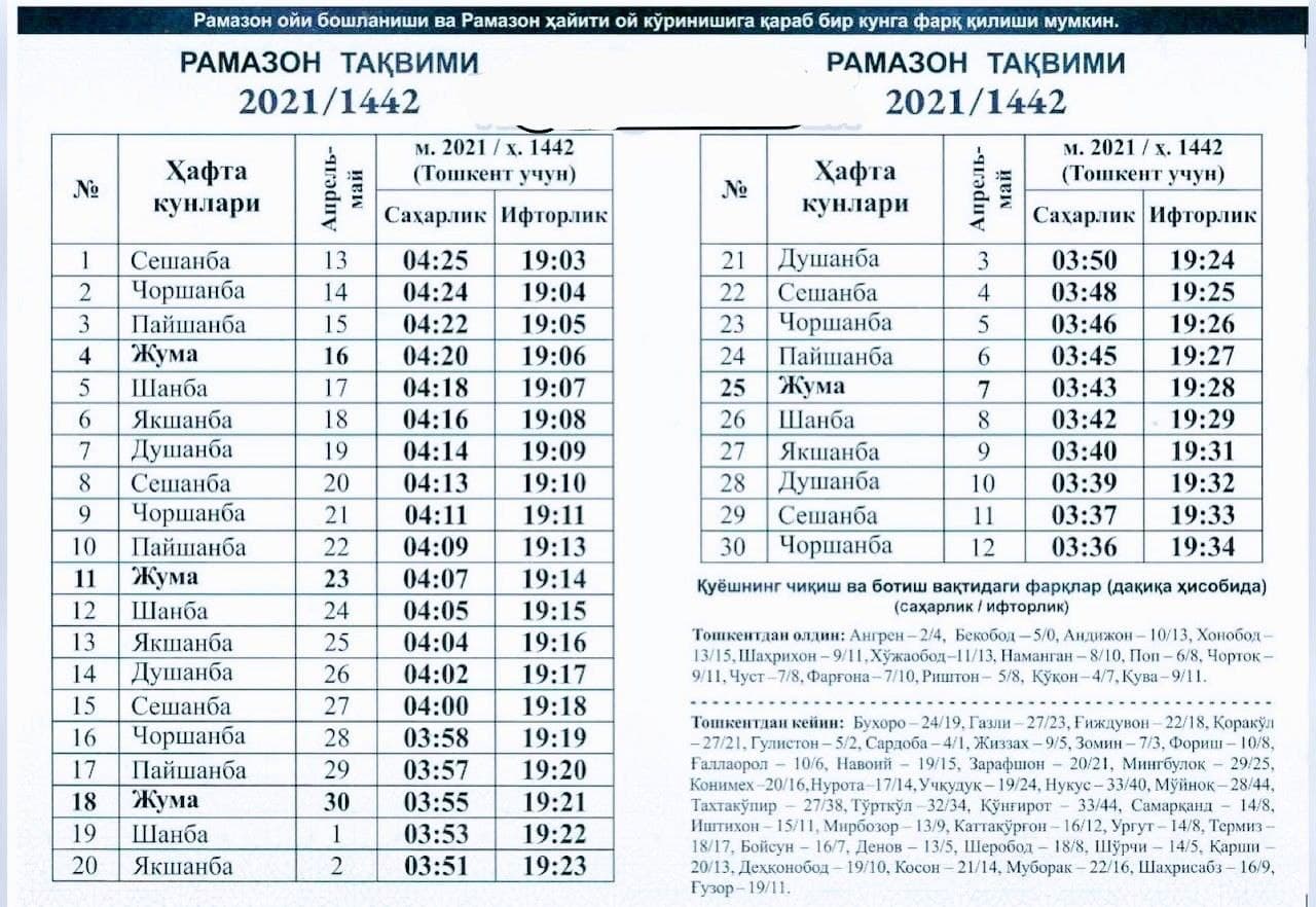 Рамазон тақвими 2021 йил