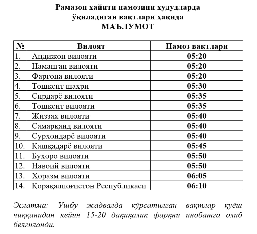 Ҳайит намози вақтлари маълум қилинди
