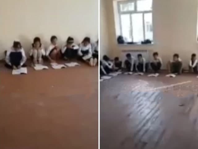 В одной из школ Кашкадарьи ученики школы учатся, сидя на полу