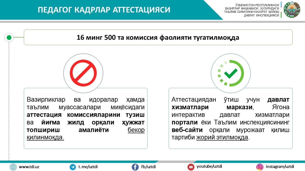 Педагогларга малака тоифаси беришда аттестация комиссиялари тузиш ва йиғма жилд орқали ҳужжат топшириш амалиёти бекор қилинди