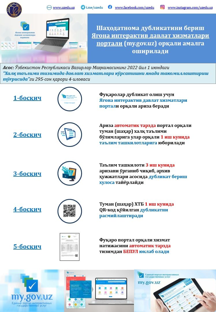 Шаҳодатнома дубликати энди электрон шаклда берилади